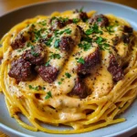 Cajun Beef Spaghetti in Creamy Three-Cheese Parmesan Sauce