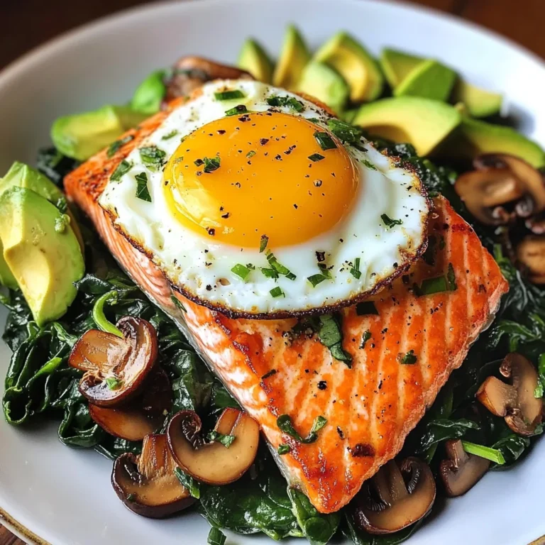 Pan-Seared Salmon with Sunny Egg, Sautéed Spinach, Mushrooms & Avocado
